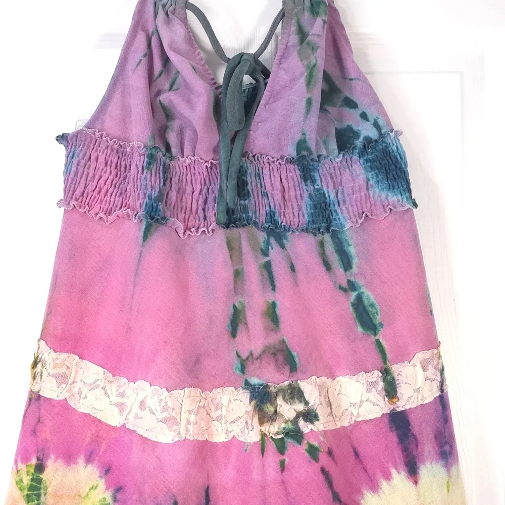 Handmade Tie Dye Midi Dress Cotton Deep V-Neck Size M - L Fairycore - Picture 4 of 8